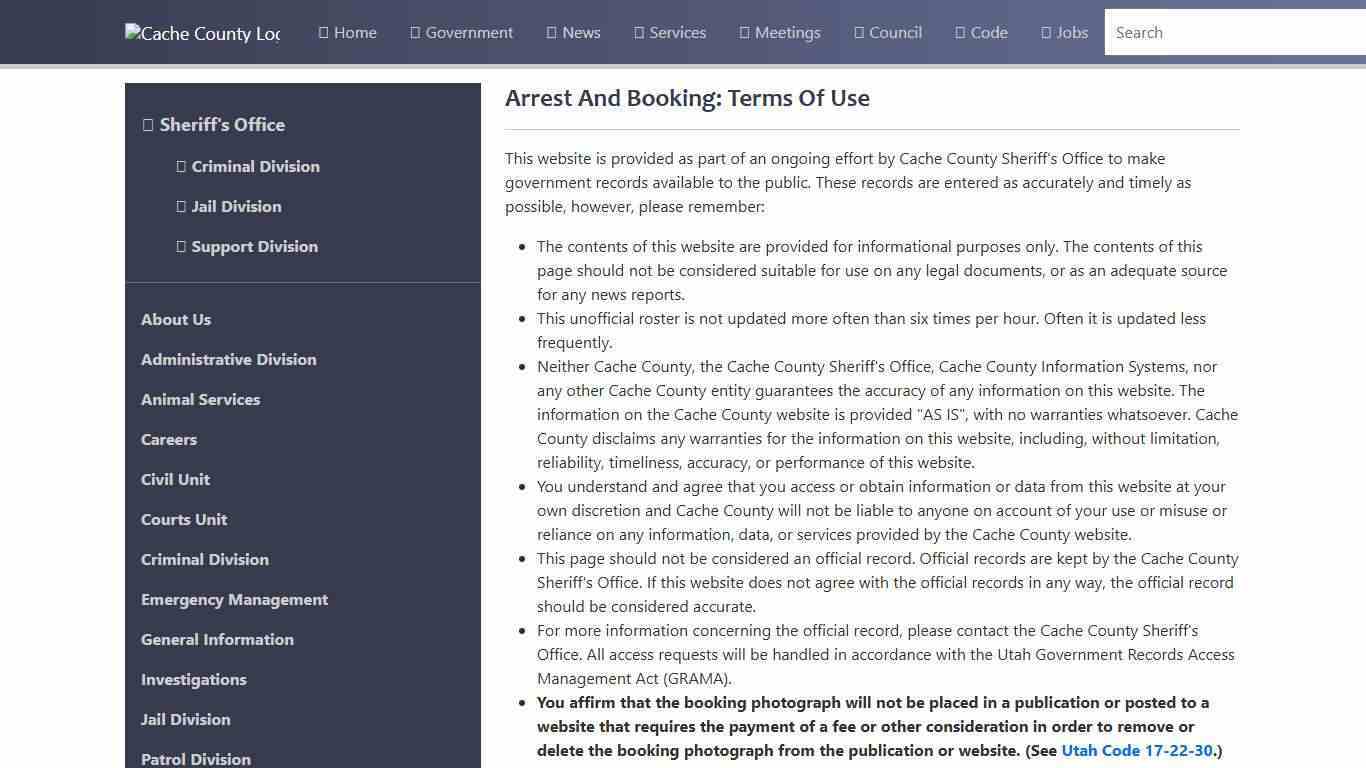 Official Site of Cache County, Utah - Arrest and Booking: Terms of Use